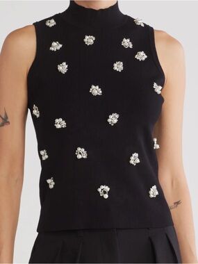 Jason Wu Black Jewel-Appliqué Mock Neck Sleeveless Top NWOT
